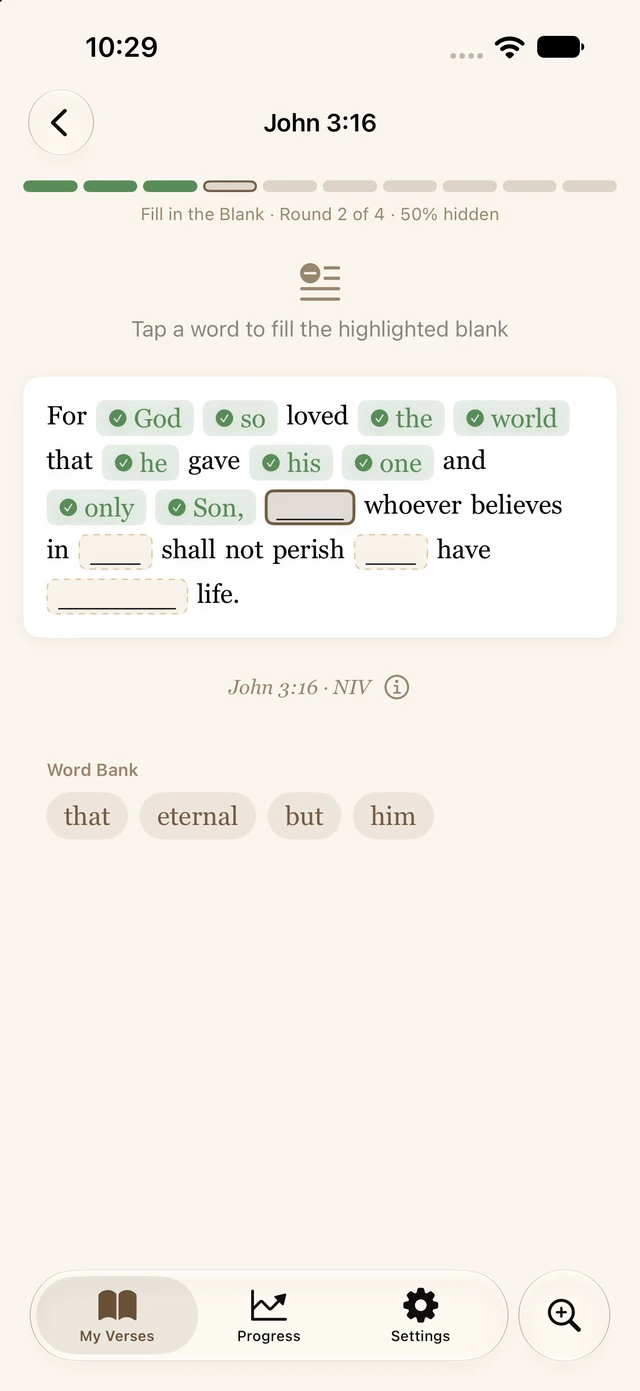 A fill-in-the-blank memorization exercise for John 3:16 in Sink Deep