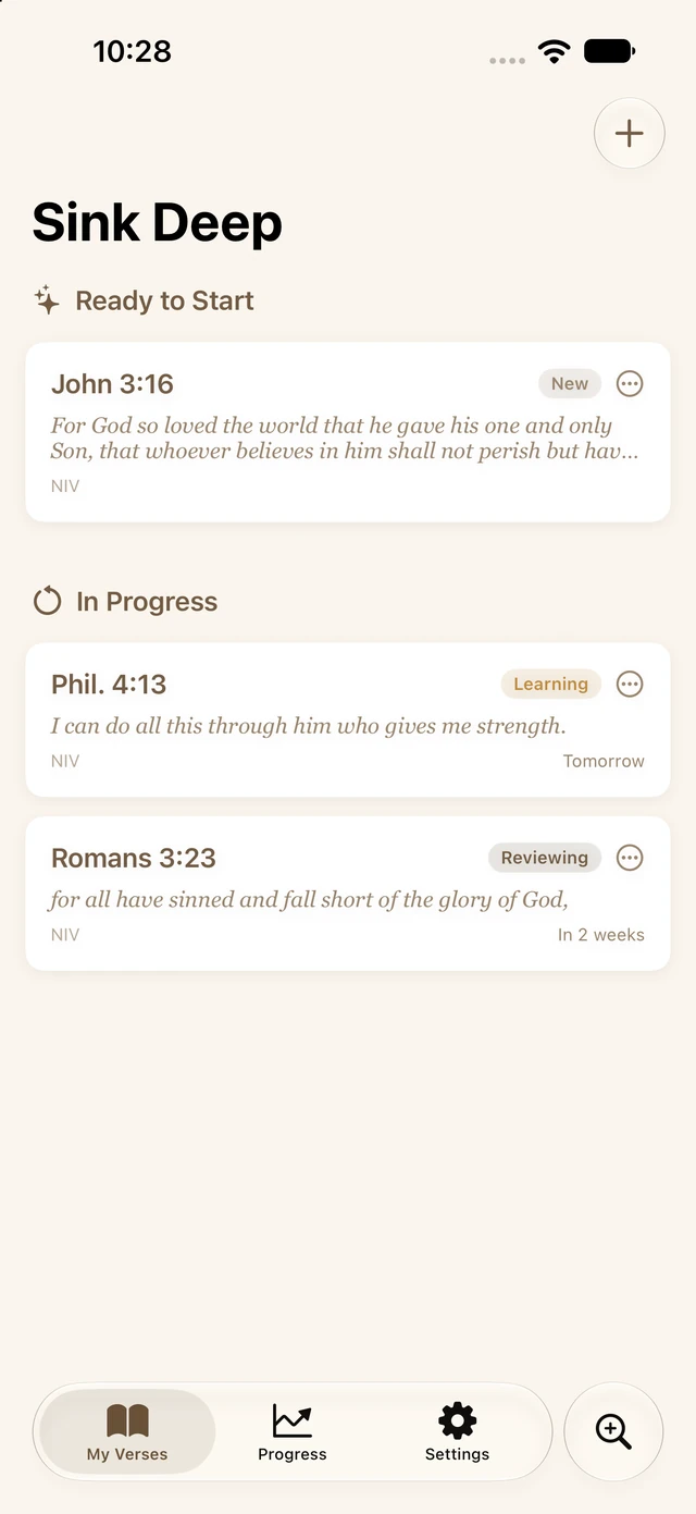 Sink Deep's My Verses screen, showing verses that are new, learning, and up for review